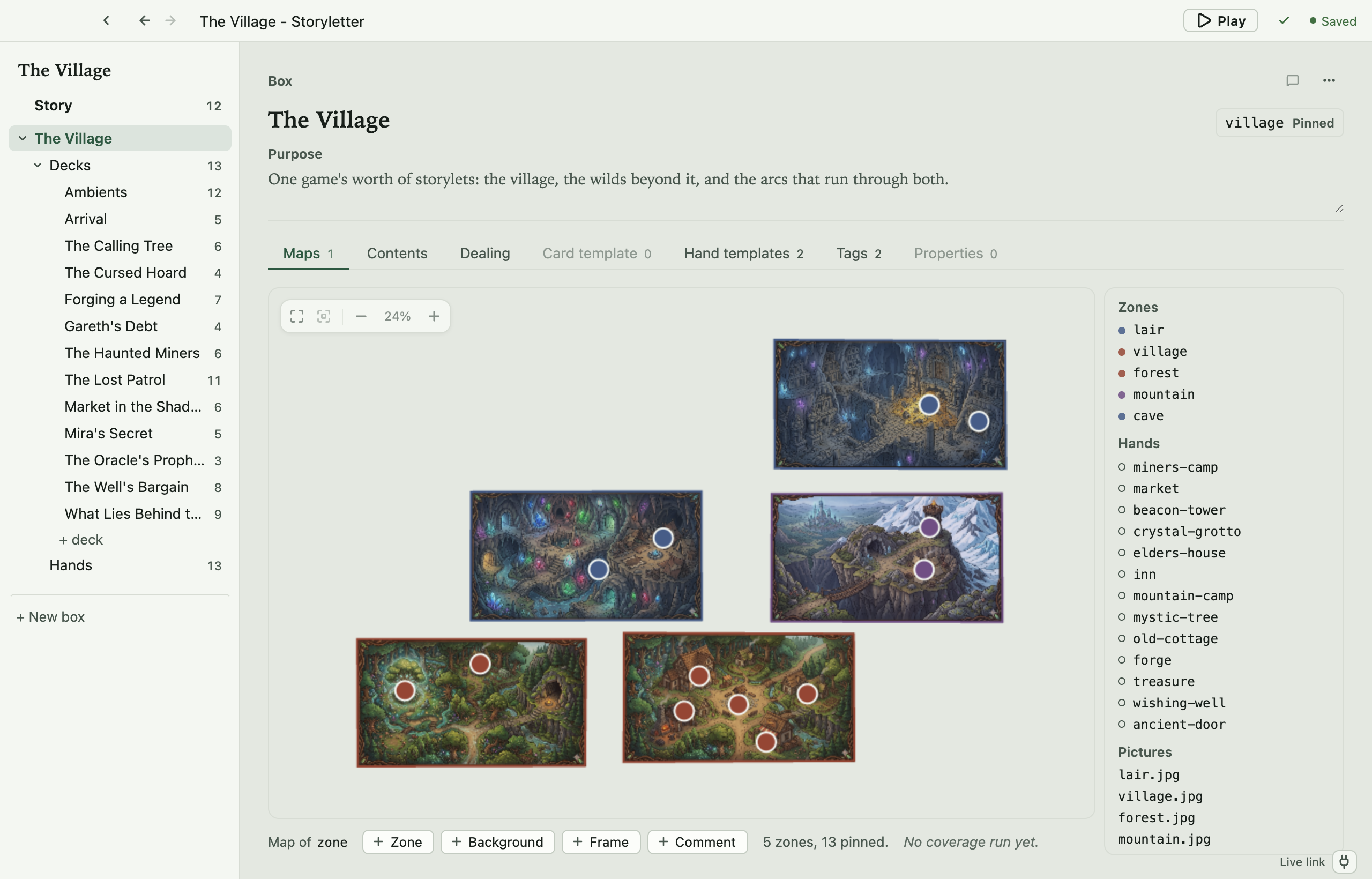 The Village example's map in Storyletter: five illustrated zones laid out on the canvas, each an overhead picture with its outline traced over it and its hands standing as pins inside it. The zoom cluster sits top left of the canvas. A side panel on the right lists the map's contents: the five zones with their colours, the thirteen hands, and the five background pictures. The strip underneath carries the add buttons and reads '5 zones, 13 pinned'.