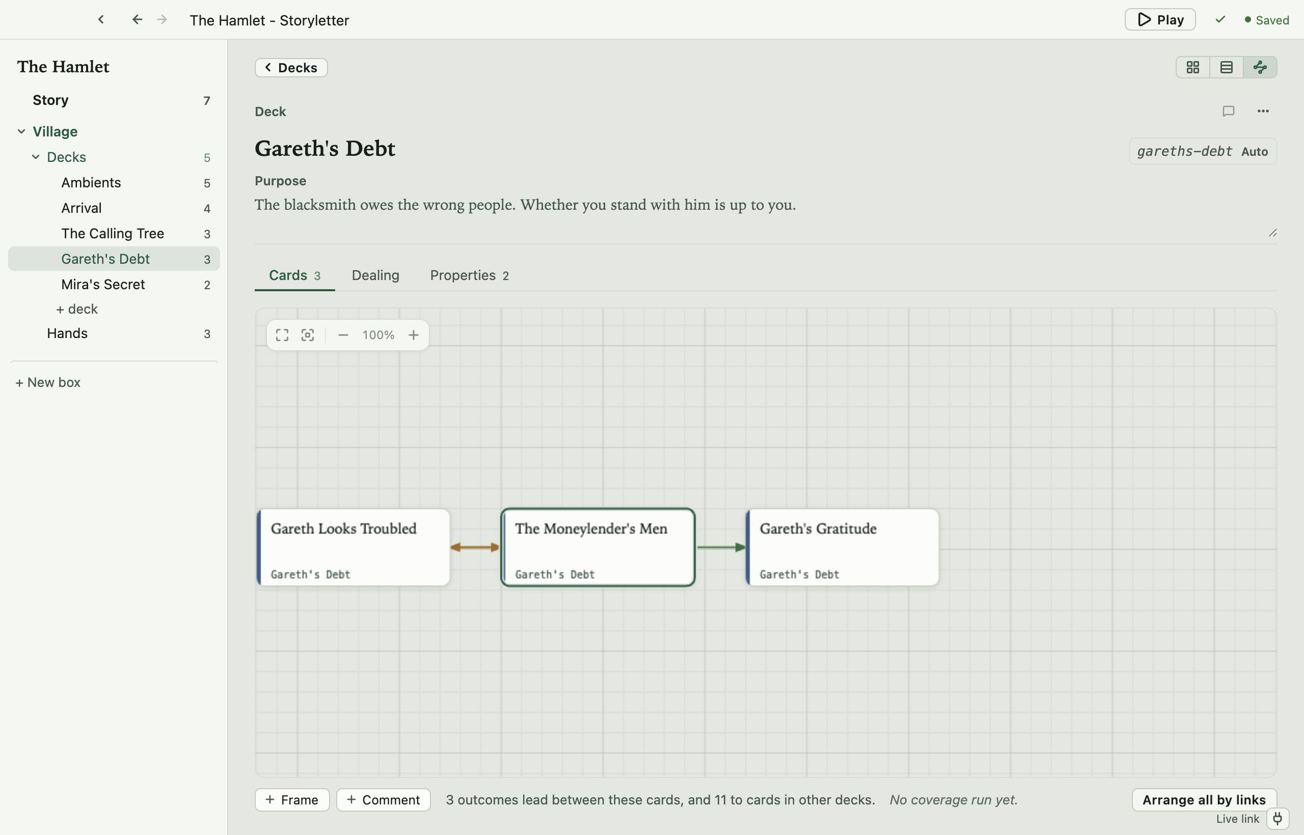 The node canvas for the Gareth's Debt deck: three cards laid out left to right, Gareth Looks Troubled, The Moneylender's Men and Gareth's Gratitude, with an arrow from each to the next.