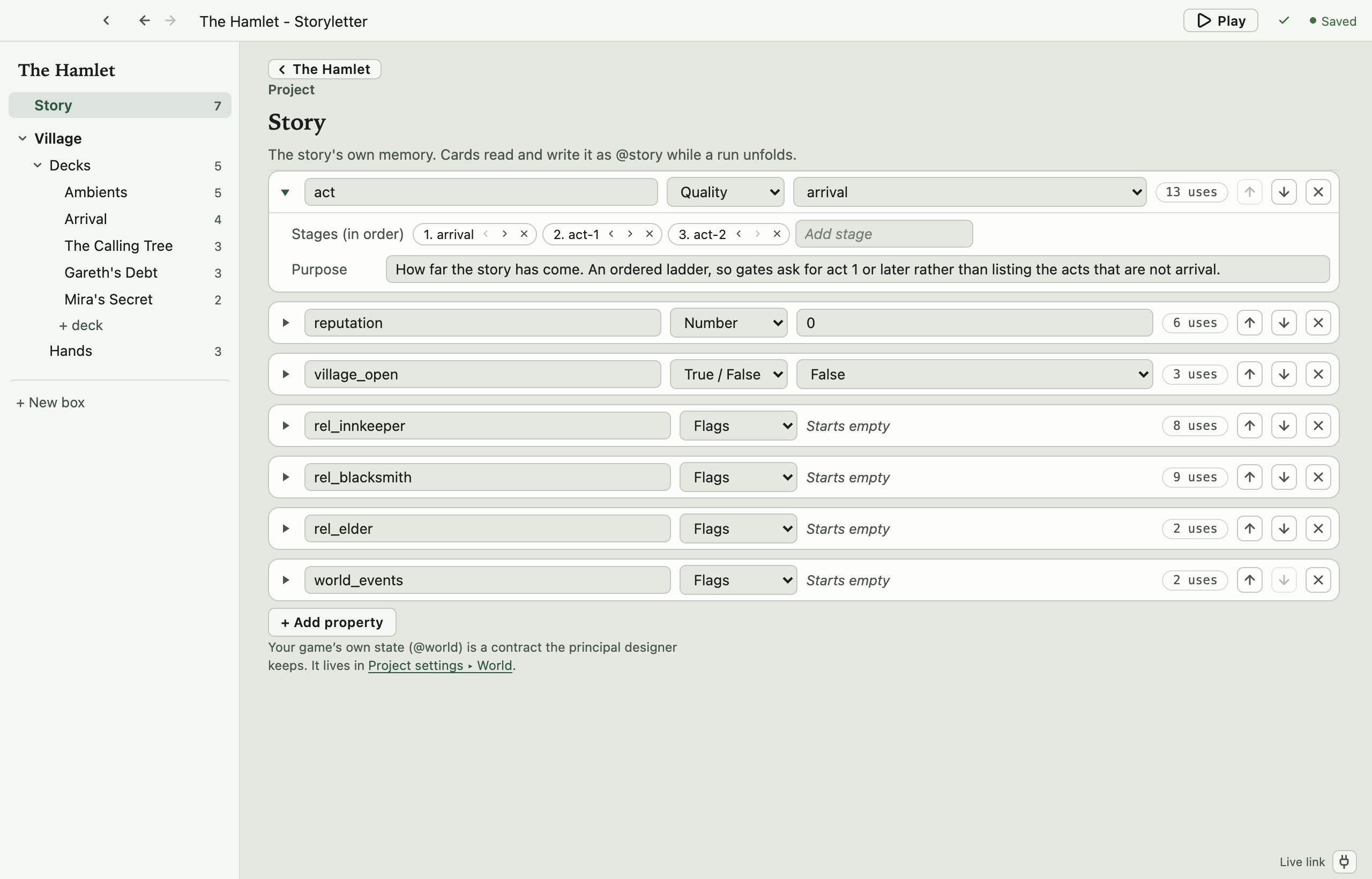 The Story document in Storyletter: the Story row selected in the navigator, and the Hamlet's seven story properties as rows. The first row, act, is expanded to show its Purpose field and its Values chips (arrival, act-1, act-2); the rest show their name, type, starting value and a uses count. A note beneath points to Project Settings for the game's own world state.