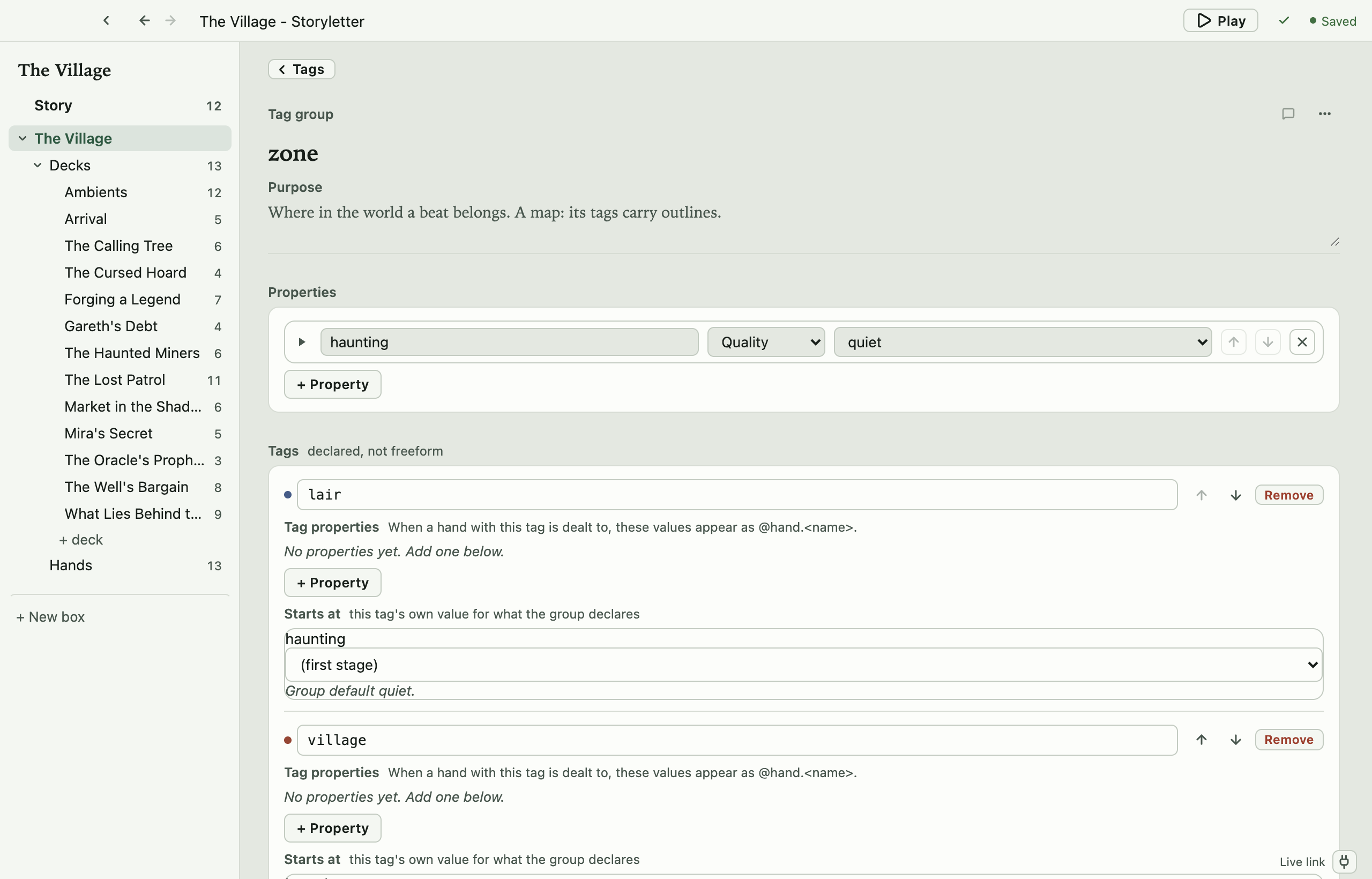 A tag group document in Storyletter: the Village example's zone group, with a Properties section at the top declaring 'haunting' as a quality defaulting to quiet, then the tags lair and village, each with its own Tag properties list and a Starts at row where the tag can set its own starting value, noted as 'group default quiet'.